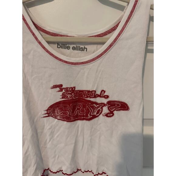 Billie Eilish Cropped Ribbed Tank Top - Red Contrast Stitching & Graphic Print - Picture 2 of 3